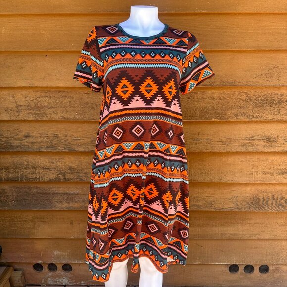 Lularoe Aztec Tribal Print Midi Dress Short Sleeve Made With Stretch Fabric Mult - Picture 1 of 9